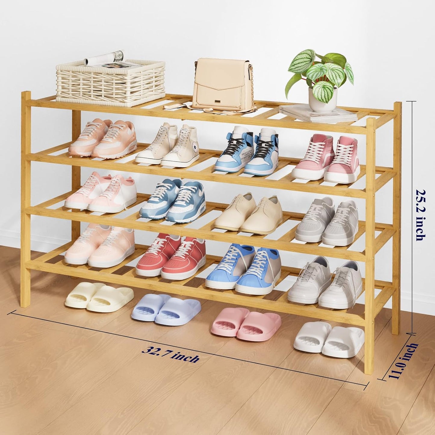 Kitsure Bamboo Wooden Shoe Rack for Closet - Stackable Shoe Organizer with Modular Structure, Space-Saving Shoe Shelf for Entryway, Living Room, Bedroom, 26.8" x 11" x 18.9", Natural