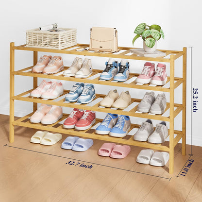 Kitsure Bamboo Wooden Shoe Rack for Closet - Stackable Shoe Organizer with Modular Structure, Space-Saving Shoe Shelf for Entryway, Living Room, Bedroom, 26.8" x 11" x 18.9", Natural