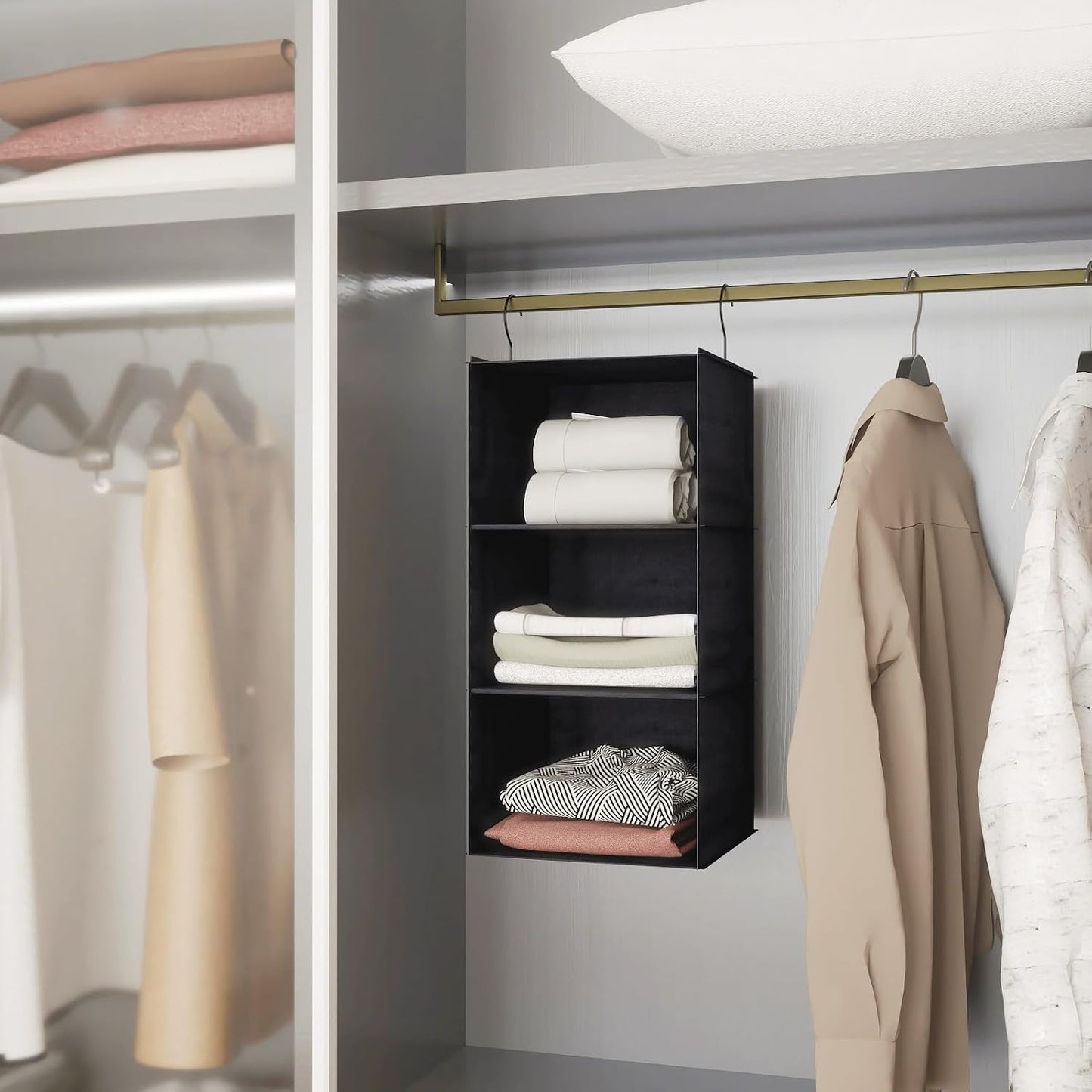 Hanging Closet Organizer 3-Shelf, Oxford Fabric Wardrobe Storage, Gray | Easy-mount foldable design holds clothes, handbags, shoes & accessories; washable Oxford fabric, sturdy and space-saving.