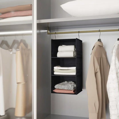 Hanging Closet Organizer 3-Shelf, Oxford Fabric Wardrobe Storage, Gray | Easy-mount foldable design holds clothes, handbags, shoes & accessories; washable Oxford fabric, sturdy and space-saving.