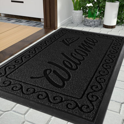 Yimobra Welcome Mat, Heavy Duty Sturdy Door Mats for Home Entrance Outdoor Indoor, Front Doormat for Outside Patio Floor Entry Porch Garage Office, Waterproof, Low Profile, 29.5x17, Black Grey