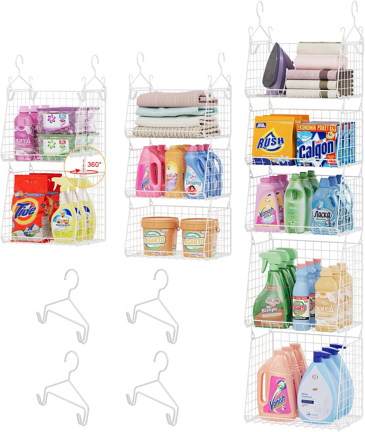 4-Tier Hanging Laundry Room Organizer: Foldable Wire Shelf Basket with 2 Large Hooks 1.65" & 360°Rotating Hooks – Space-Saving Laundry Storage Basket, for Wardrobe Closet Storage, White Patent