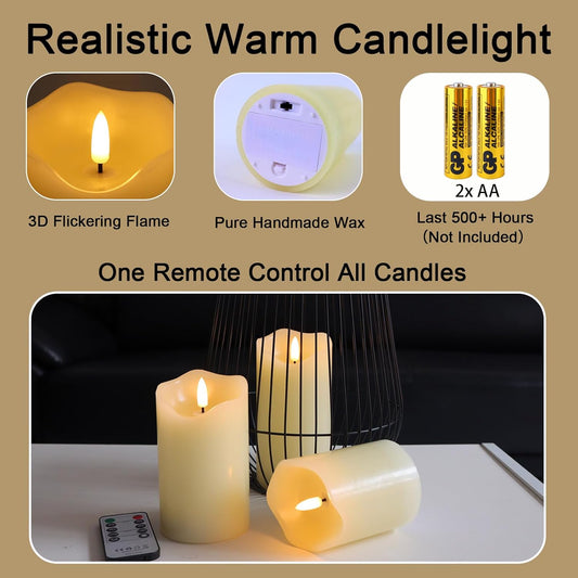 Flameless Candles Battery Operated with Remote Timer, 3D Flame Flickering, Last 500+ Hours Battery Candles, Ivory Real Wax LED Pillar Candle for Wedding Home Christmas Decorations, Set of 3