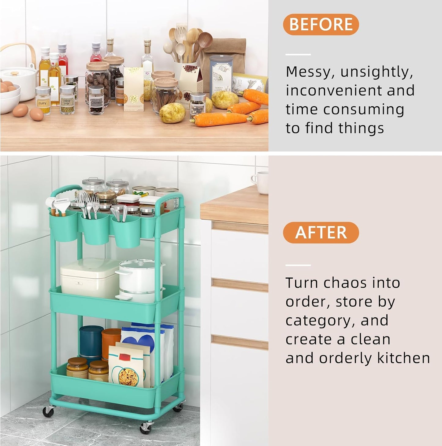JIUYOTREE 4-Tier Plastic Rolling Storage Cart Utility Cart with Extra Hanging Cups Handles Lockable Wheels for Living Room Bathroom Kitchen Office White