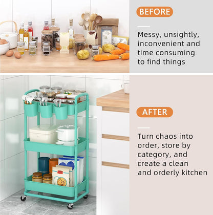 JIUYOTREE 4-Tier Plastic Rolling Storage Cart Utility Cart with Extra Hanging Cups Handles Lockable Wheels for Living Room Bathroom Kitchen Office White
