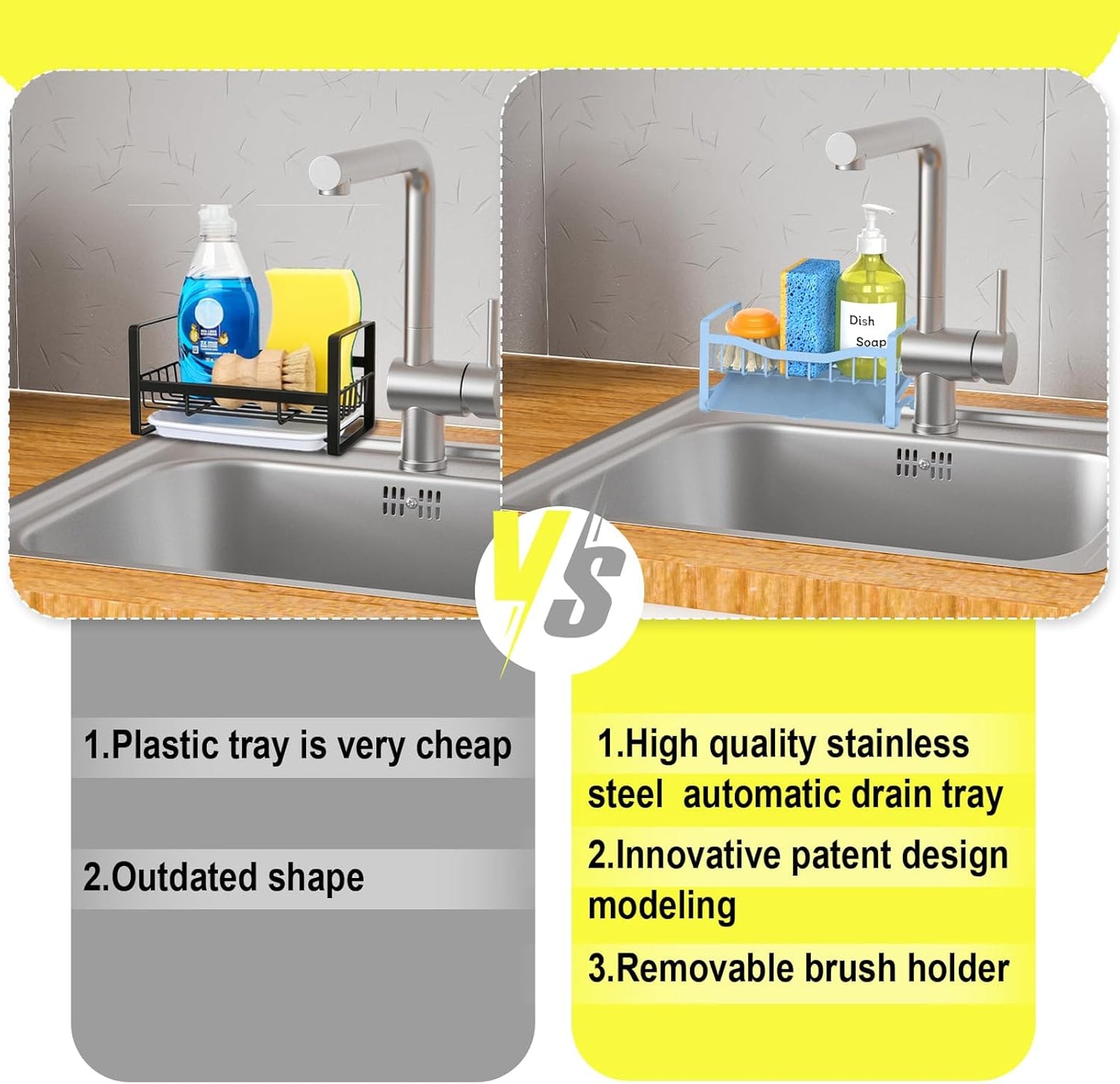 Maifan Stainless Steel Kitchen Sink Caddy Organizer with Auto Drain Tray, Sponge Holder for Countertop Storage