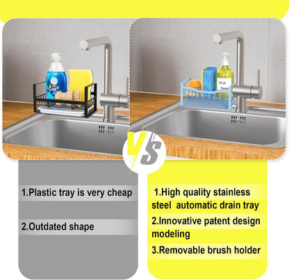 Maifan Stainless Steel Kitchen Sink Caddy Organizer with Auto Drain Tray, Sponge Holder for Countertop Storage