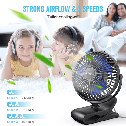 BESKAR Clip on Fan, Portable Small Desk Fans with Strong Airflow, 3 Speeds with Personal Fans Sturdy Clamp, Quiet Desk Fan & Clip Fan with USB Cord Powered - No Battery