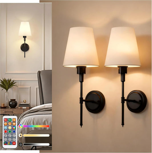 DORESshop Battery Operated Wall Sconce Set of 2, Wireless Wall Light Easy to Install, 15 Color Rechargeable Wall Sconces, Sconce Wall Decor Set of 2 for Bedroom, Living Room, Gold, 24.6in