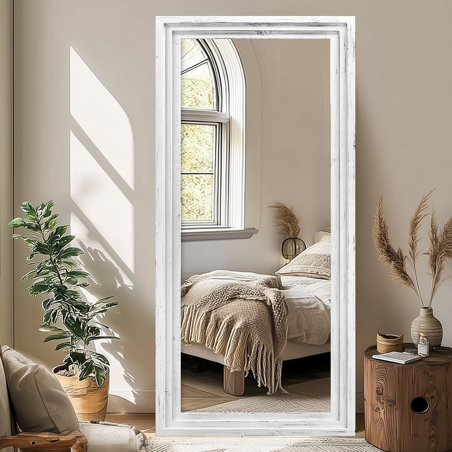 65"x22" Full Length Mirror Solid Wood Frame Floor Mirror with Stand for Living Room, Bedroom Hanging Standing or Leaning, Brown