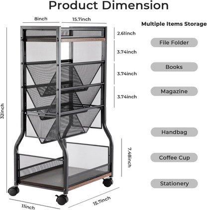 8-Tier Rolling Book Cart with Lockable Wheels, Double-Sided Storage Bookshelf for Narrow Spaces, Mobile Organizer Cart for Office, Library and Home