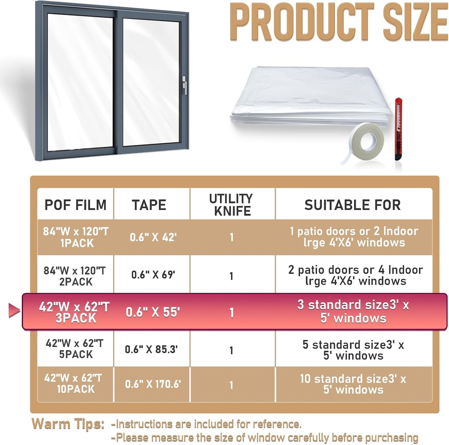 Window Insulation Kit for Winter,Plastic Shrink Film & Strong Tape, Indoor Thermal Seal to Block Drafts, Cold Air for Windows and Patio Doors,5-Pack(42"W x 62"T)