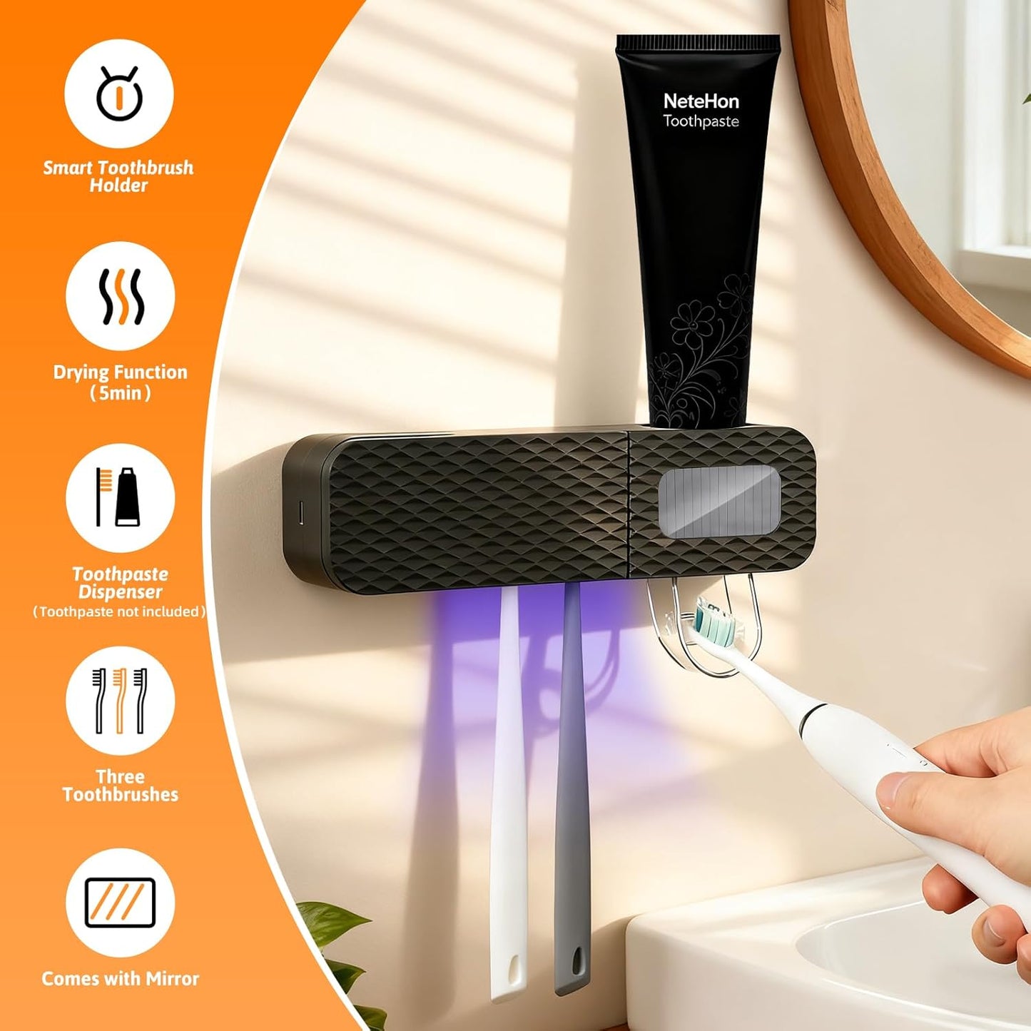 Smart Wall-Mounted Toothbrush Holder for Bathroom Black Toothbrush Storage Organizer with 3 Slots Toothbrush Holders with Toothpaste Dispenser for Drying Function