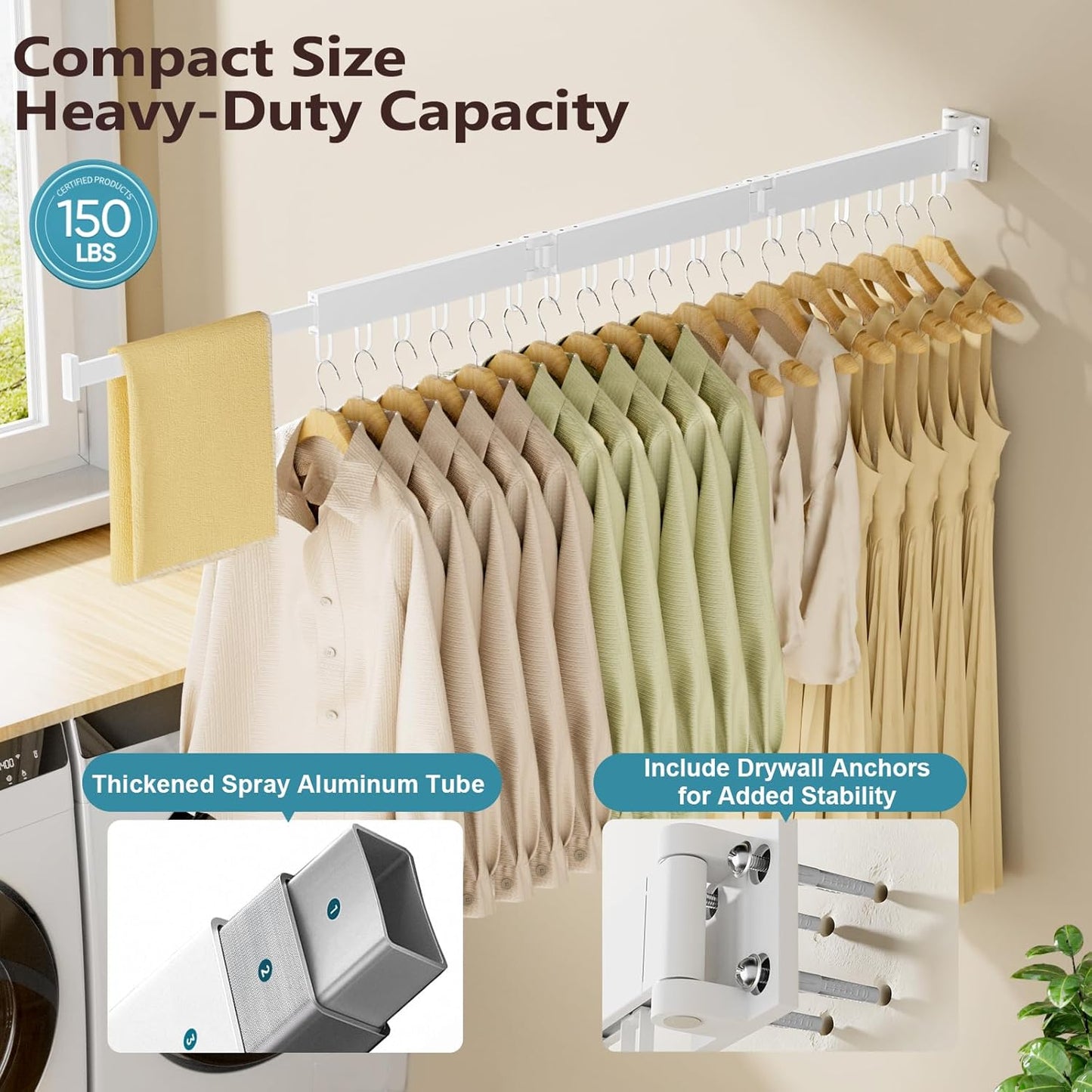 JAUREE Clothes Drying Rack Wall Mounted, Space-Saving Drying Rack Clothing, Collapsible Foldable Retractable Laundry Rack with 18 Hooks, Indoor/Outdoor, White