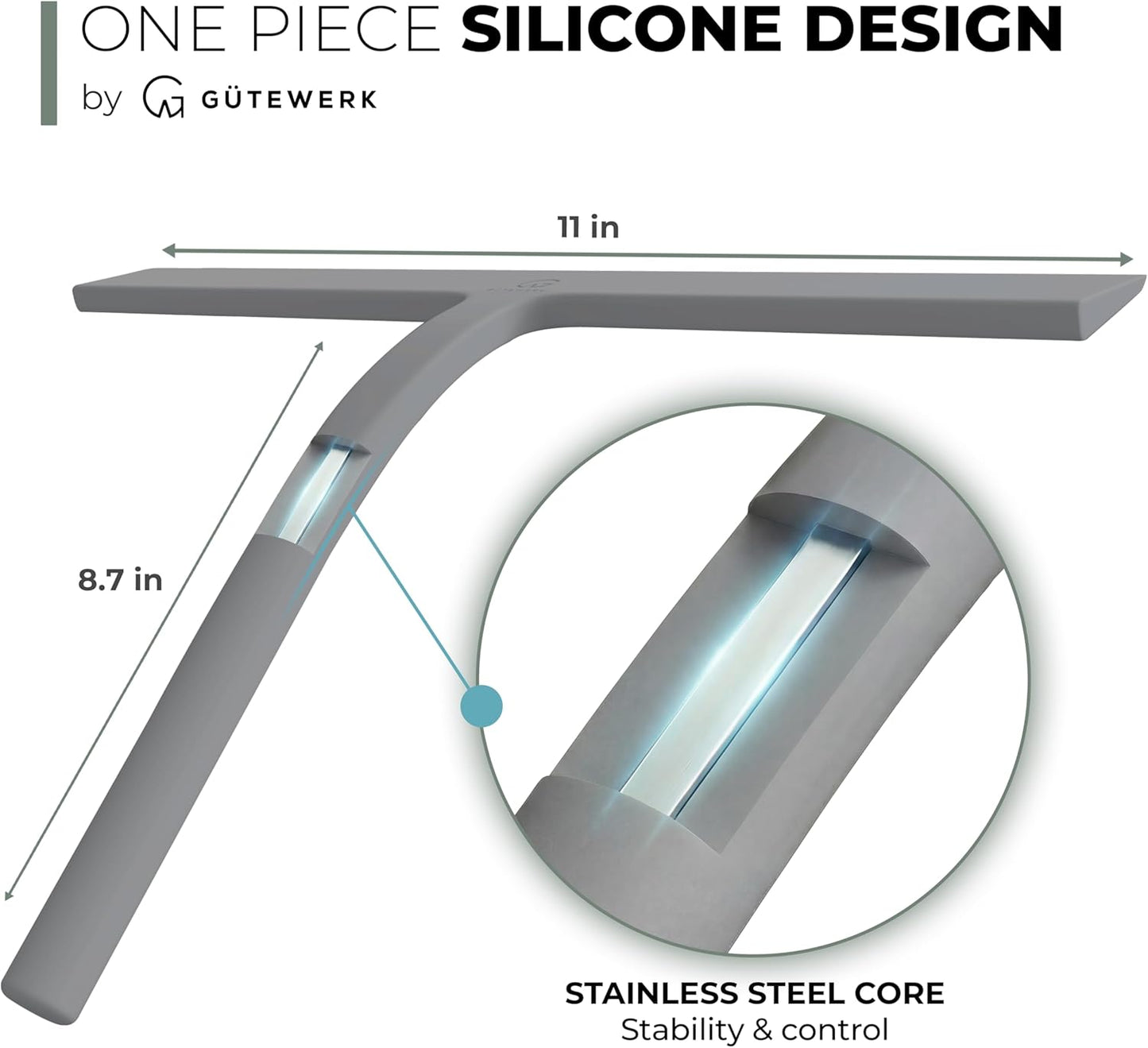 GÜTEWERK Silicone Shower Squeegee for Glass Doors & Mirrors with Stainless Steel Core, Streak-Free & No-Squeak Window Cleaning, 3-in-1 No-Drill Mount (Hook/Suction/Adhesive),White, 9 Inches