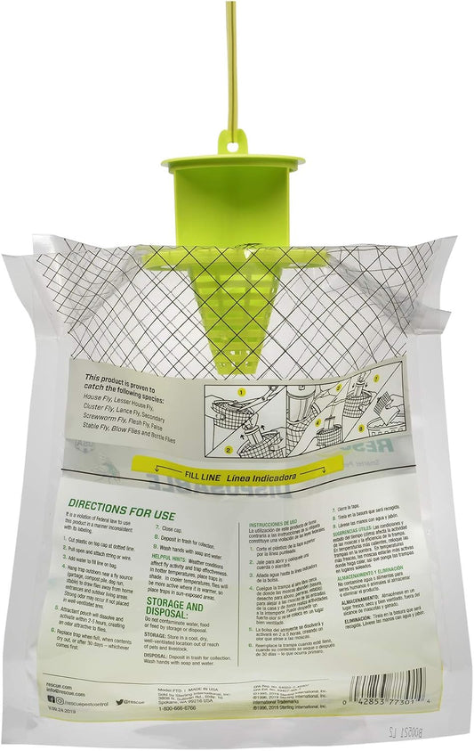 RESCUE! Outdoor Disposable Fly Trap – Hanging Fly Catcher with Attractant Bait, Fly Bag for Patio, Yard, Trash & Farm Areas – Easy-to-Use Outdoor Fly Control - 18 Traps