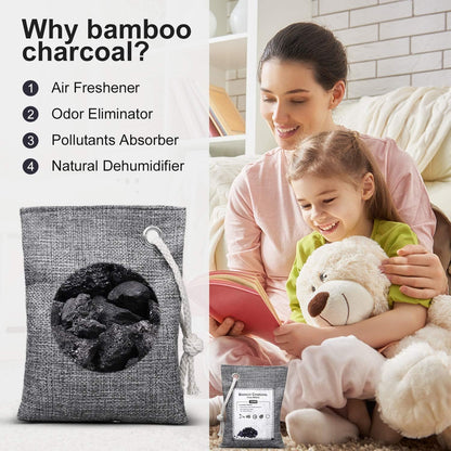 WGCC Bamboo Charcoal Air Purifying Bag 8 Pack, Activated Charcoal Bags Odor Absorber, Natural Car Air Freshener, Moisture Absorber for Closet, Shoe, Car, large Room, Pet Safe (4x75g, 4x200g)