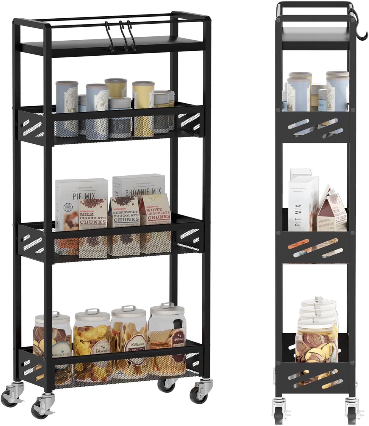 DGSNADGO Slim Rolling Storage Cart, 4-Tier Kitchen Cart on Wheels, Narrow Utility Cart with Handle and Wooden Tabletop for Small Space in Kitchen, Living Room, Bathroom, Laundry Room, Beige and White