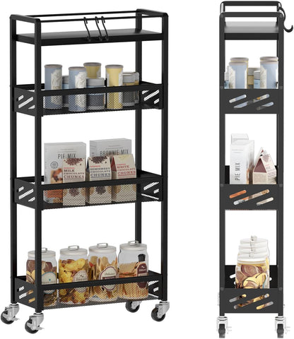 DGSNADGO Slim Rolling Storage Cart, 4-Tier Kitchen Cart on Wheels, Narrow Utility Cart with Handle and Wooden Tabletop for Small Space in Kitchen, Living Room, Bathroom, Laundry Room, Beige and White