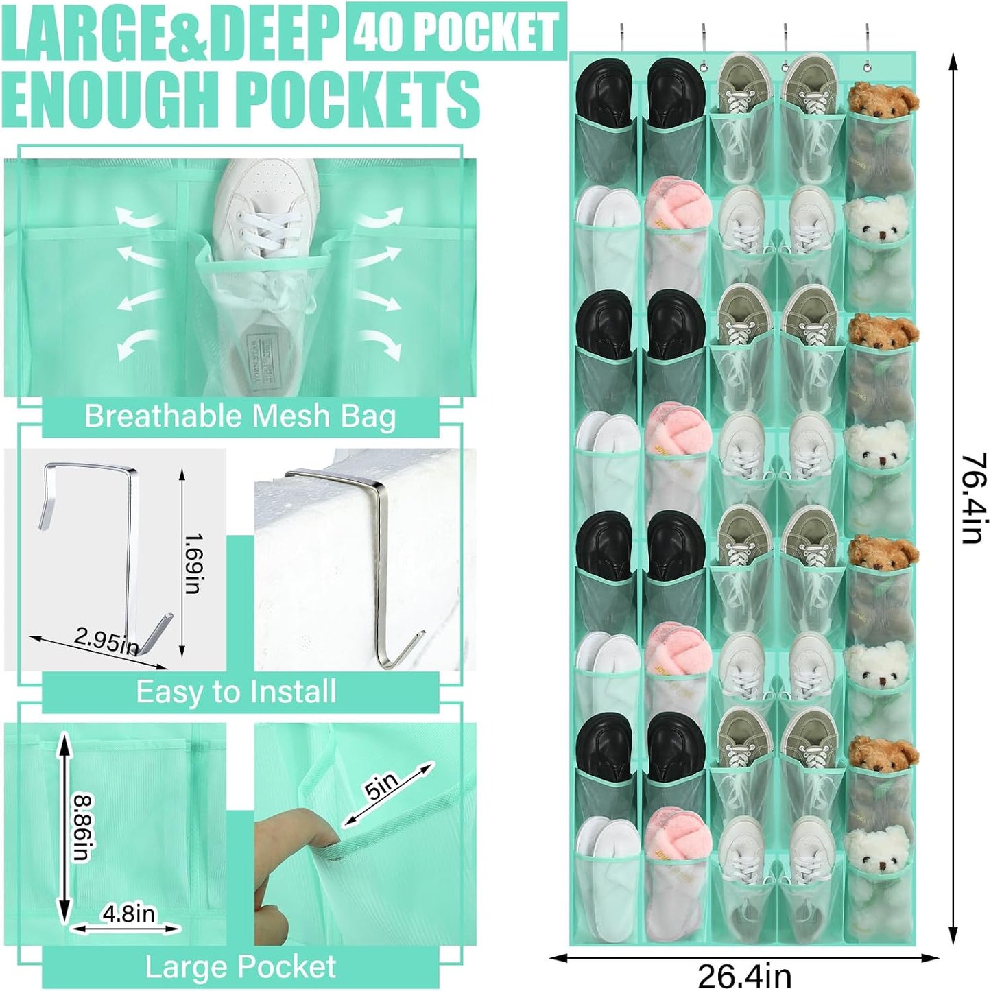 Windyun 40 Over The Door Shoe Organizer, Large Mesh Pocket Hanging Shoe Rack Hanger Large Capacity Gray Behind The Door Storage Holder for Dorm College Closet Entryway Bedroom Utility Room Women Men