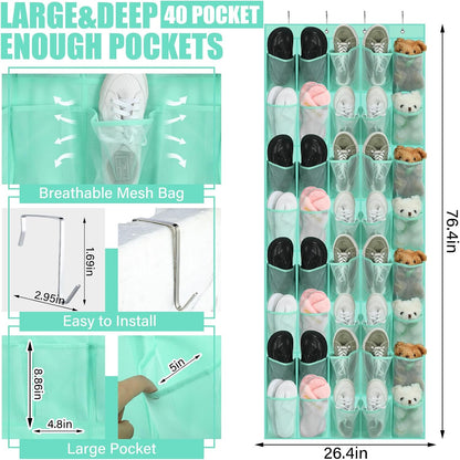 Windyun 40 Over The Door Shoe Organizer, Large Mesh Pocket Hanging Shoe Rack Hanger Large Capacity Gray Behind The Door Storage Holder for Dorm College Closet Entryway Bedroom Utility Room Women Men