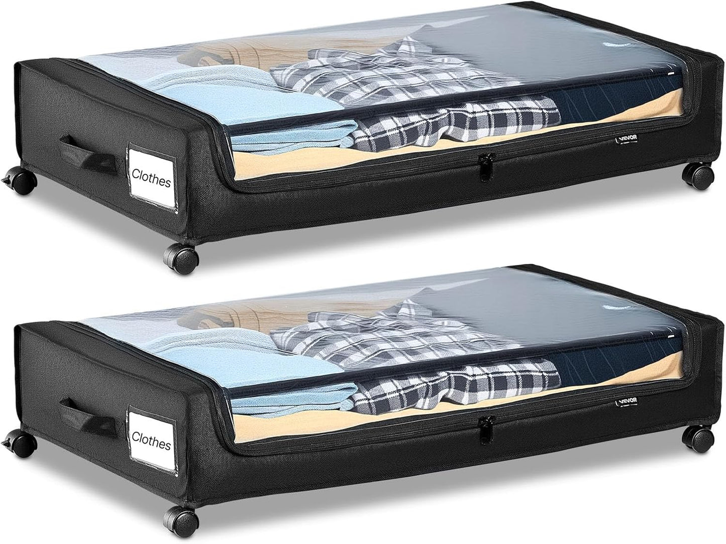 VEVOR Under Bed Storage with Wheels, 36.0 x 18.1 x 7.3 inch, Underbed Containers with Clear Lid, Underbed Shoe Organizer, Rolling Under the Bed Storage Bins for Clothes Shoes Blankets Bedroom, 2 Pack