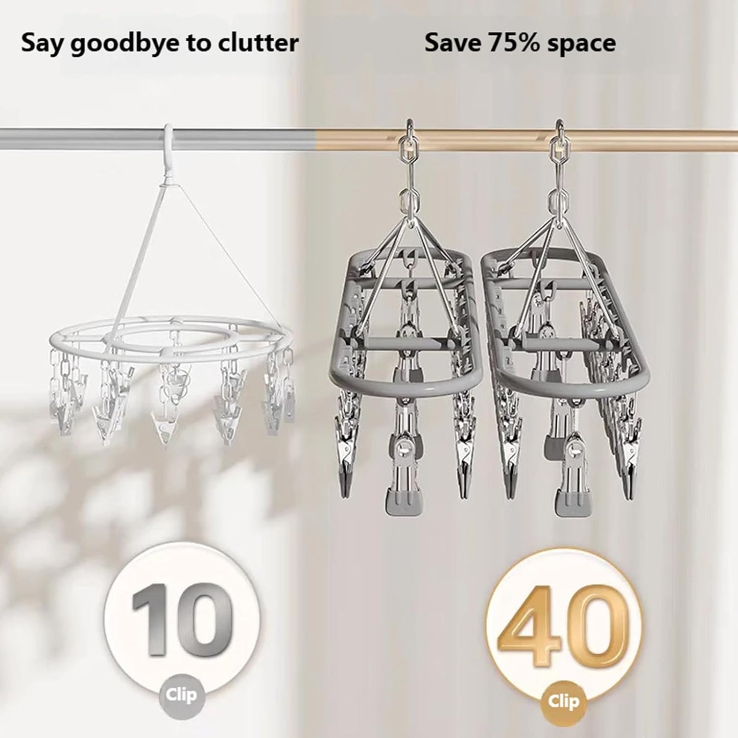 Clothes Drying Rack with 20 Clips, Hanging Laundry Hanger Dryer Rack, Stainless Steel Sock Dryer Clip for Home Camping Accessory Portable Outdoor Sock