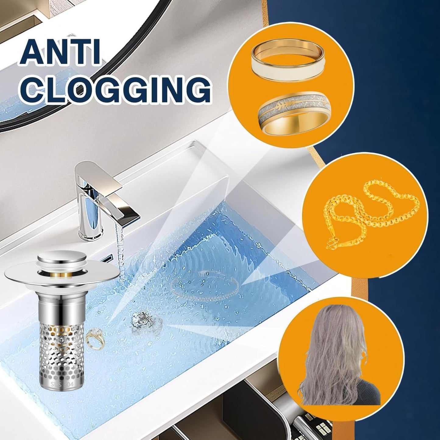 Bathroom Sink Drain Strainer 2 Pack,Bathroom Sink Stopper with Pop-Up Drain and Removable Hair Catcher, Stainless Steel Filter Basket, Fits Standard US Bathroom Sinks