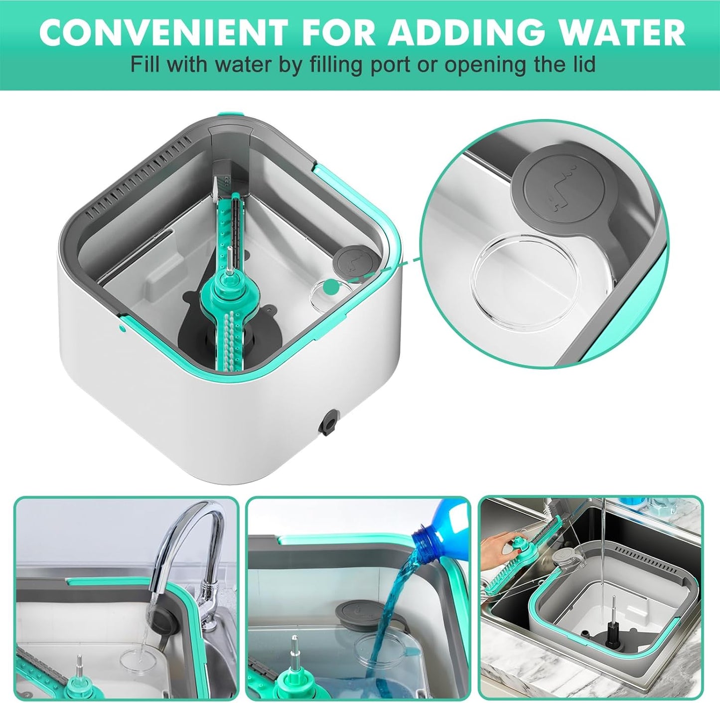 Spin Mop and Bucket Set with 2 Replaceable Microfiber Mop Pads with Self Separation Dirty and Clean Water System, Self Wringing 360° Rotating Square Mop Head for Hardwood Tile Marble Floors