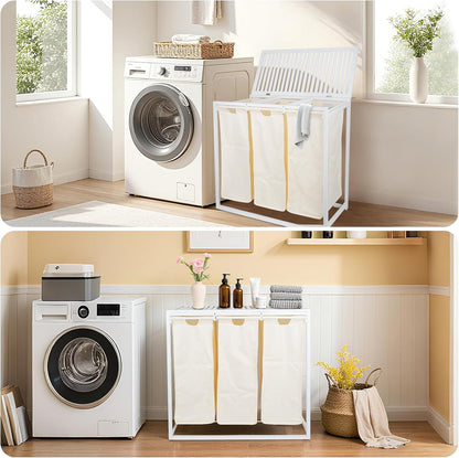 Bamboo Laundry Hamper 3 Section with Lid, 150L Laundry Sorter with Lockable Wheels, Pull-Out Removable Washable Bags, 3 × 12.5 Gal Divided Laundry Baskets for Laundry Room, Bathroom (White)