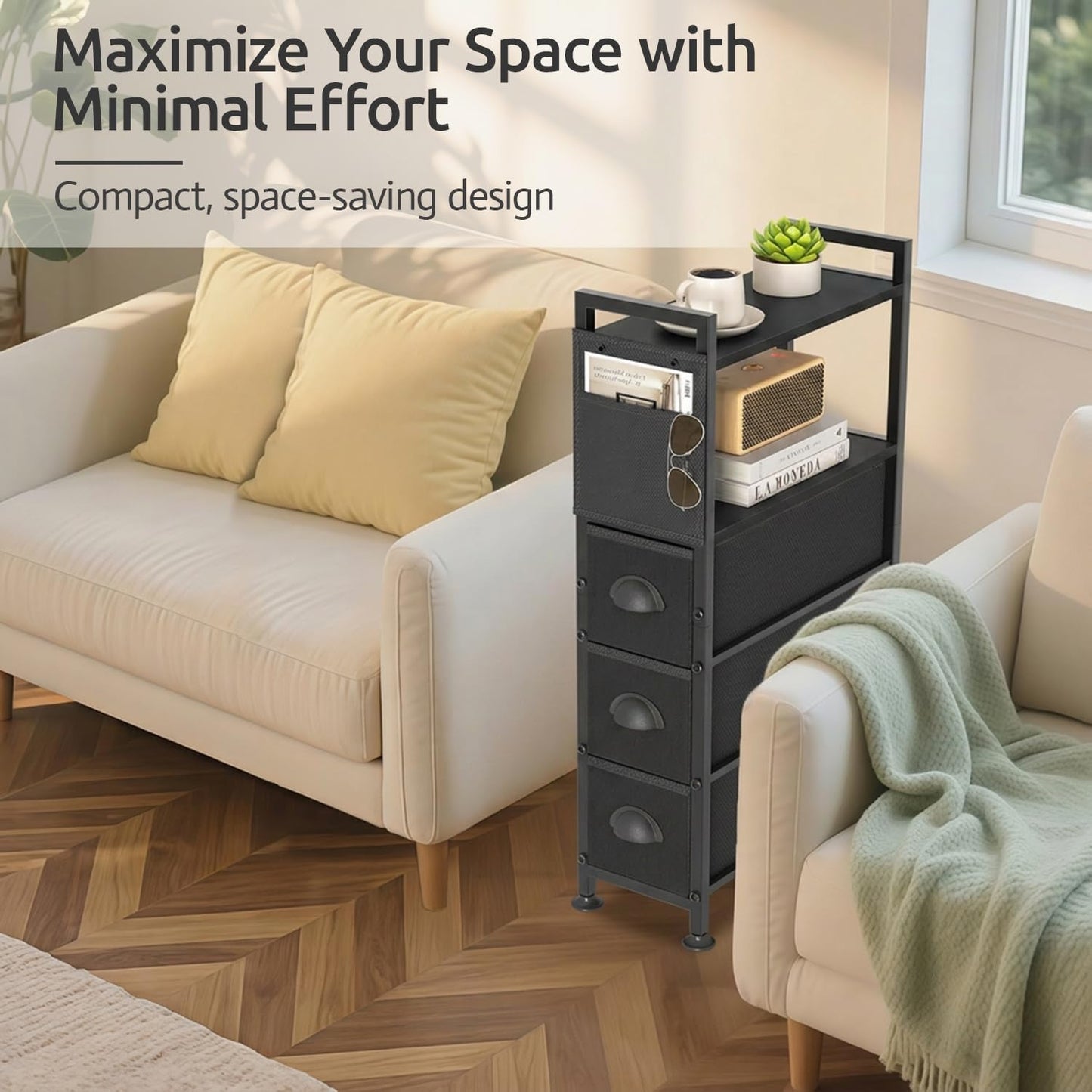 Oppro Small Narrow Side End Table, 2 Drawer Slim Nightstand Bedside Sofa Table with Wheels, Space Saving Rolling Skinny Thin Desk with Storage Bag for Bedroom Living Room Couch Bathroom Dorm