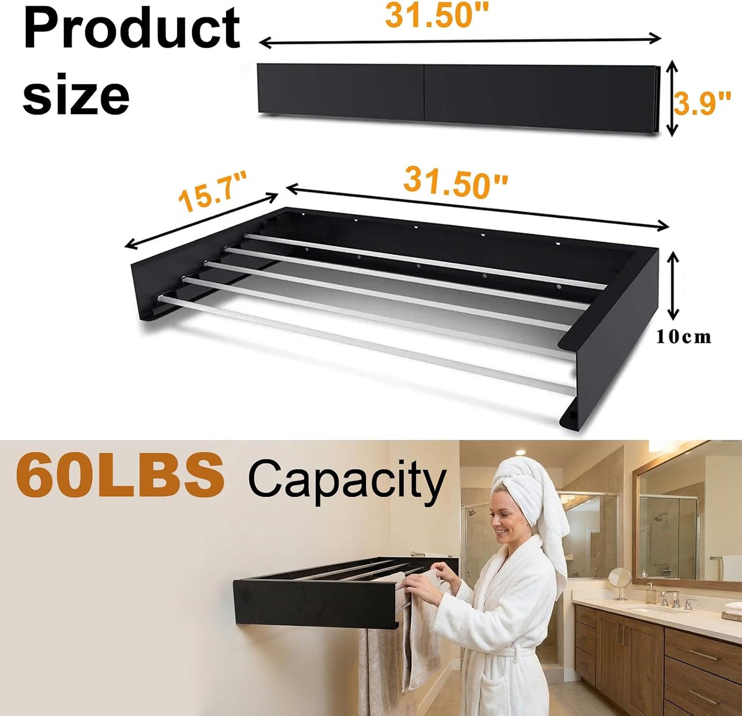Wall Mounted Clothes Drying Rack 32", Foldable Wall Mount Laundry Rack Folding Indoor, Drying Rack Clothing Collapsible, Hidden Space Saver with Wall Template, 5 Rods, Black （HOU ）