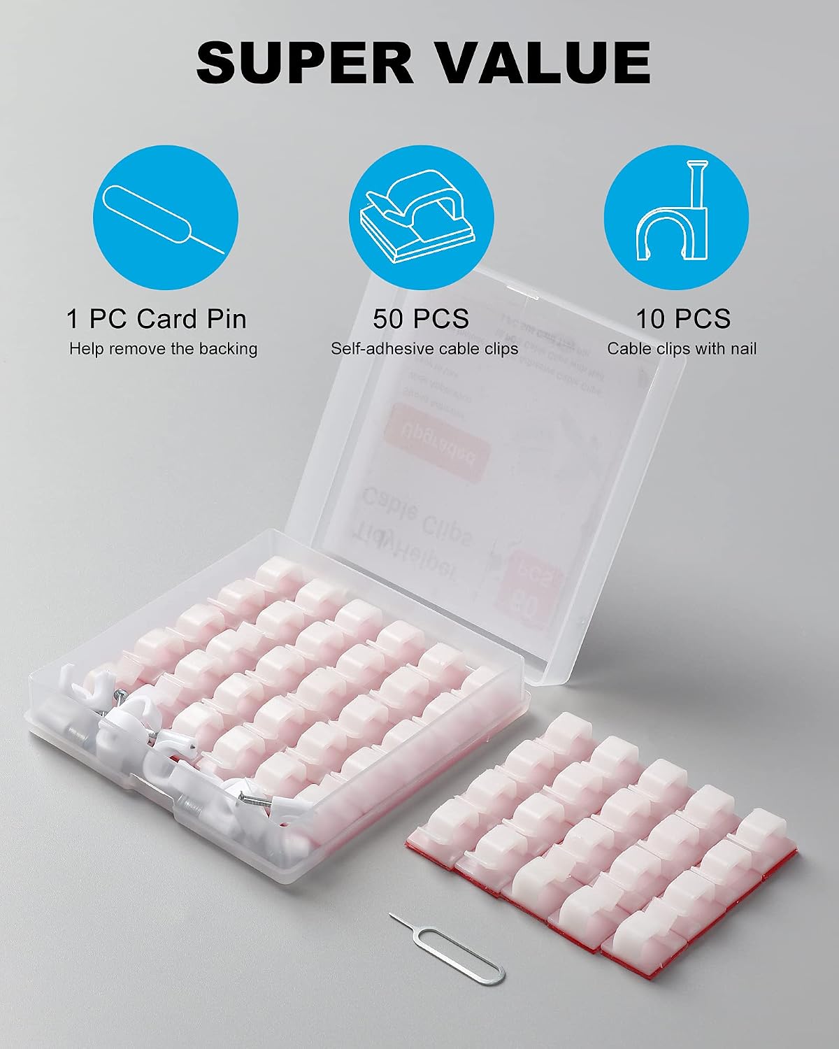 Adhesive Cable Clips White (60 PCS), Upgraded Wire Clips for Cable Management, Strong Cord Clips Wire Holders for The Wall, Under Desk, Led Strip, Electric Wires, Ethernet Cable Clips_Small