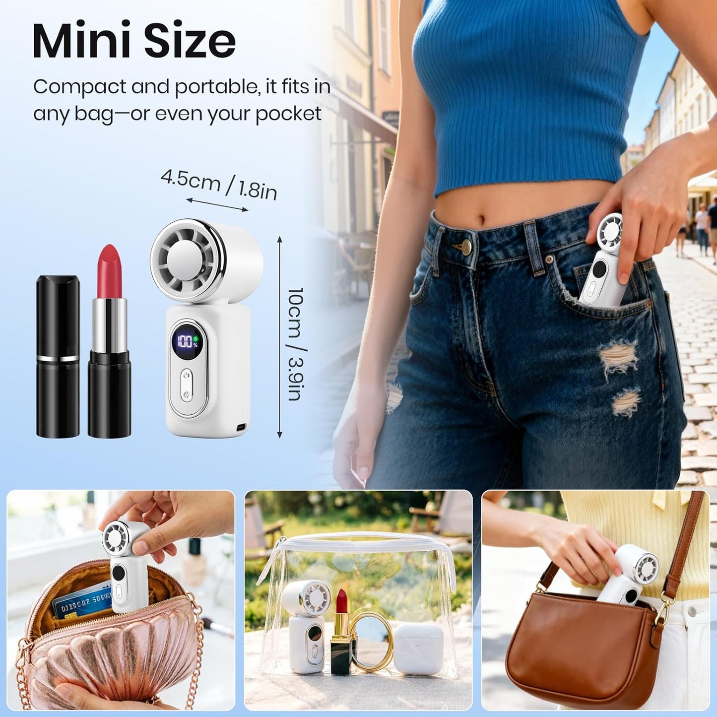 Clip-On Portable Fan with Ice Cooling, 5 Speeds Rechargeable Handheld Mini Fan with LED Display, 180° Portable Turbo Fan for Stroller, Eye Lash, Travel, Concert, Beach, Gifts for Women (White)