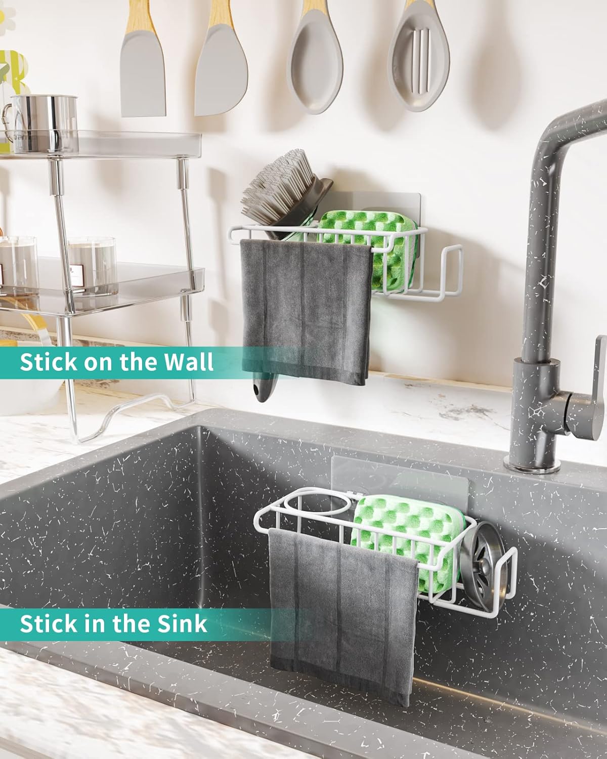 HapiRm 4 in 1 Sink Caddy Sponge Holder, SUS304 Stainless Steel Kitchen Brush Holder and Dish Cloth Hanger, Kitchen Organizers and Storage Essentials - Silver