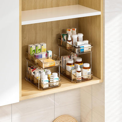 Delamu 2-Tier Under Sink Organizers and Storage, Multi-Purpose Stackable Bathroom Cabinet organizers, Pull Out Kitchen Pantry Organization and Storage with Dividers(2 Pack, Clear)