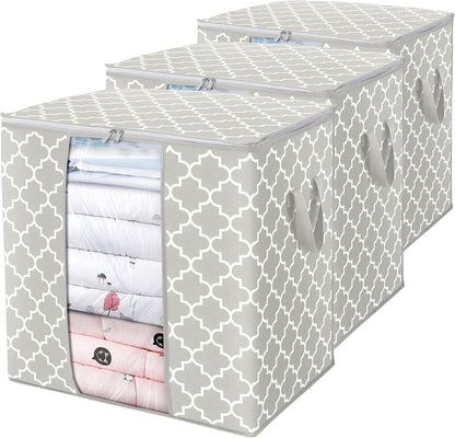 WISELIFE Storage Bags 3 Pack/100L Large Blanket Clothes Organization and Storage Containers for Comforters,Bedding, Foldable Organizer with Reinforced Handle, Clear Window, Sturdy Zippers,Gray