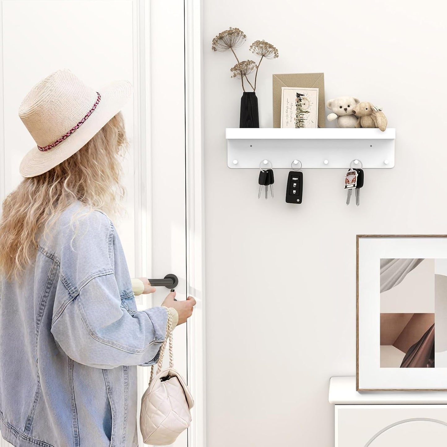 MKO Key Holder Wall Mount, Key Holder Wall Mount Adhesive with Mail Organizer Tray with 6 Key Hooks for Wall, Black
