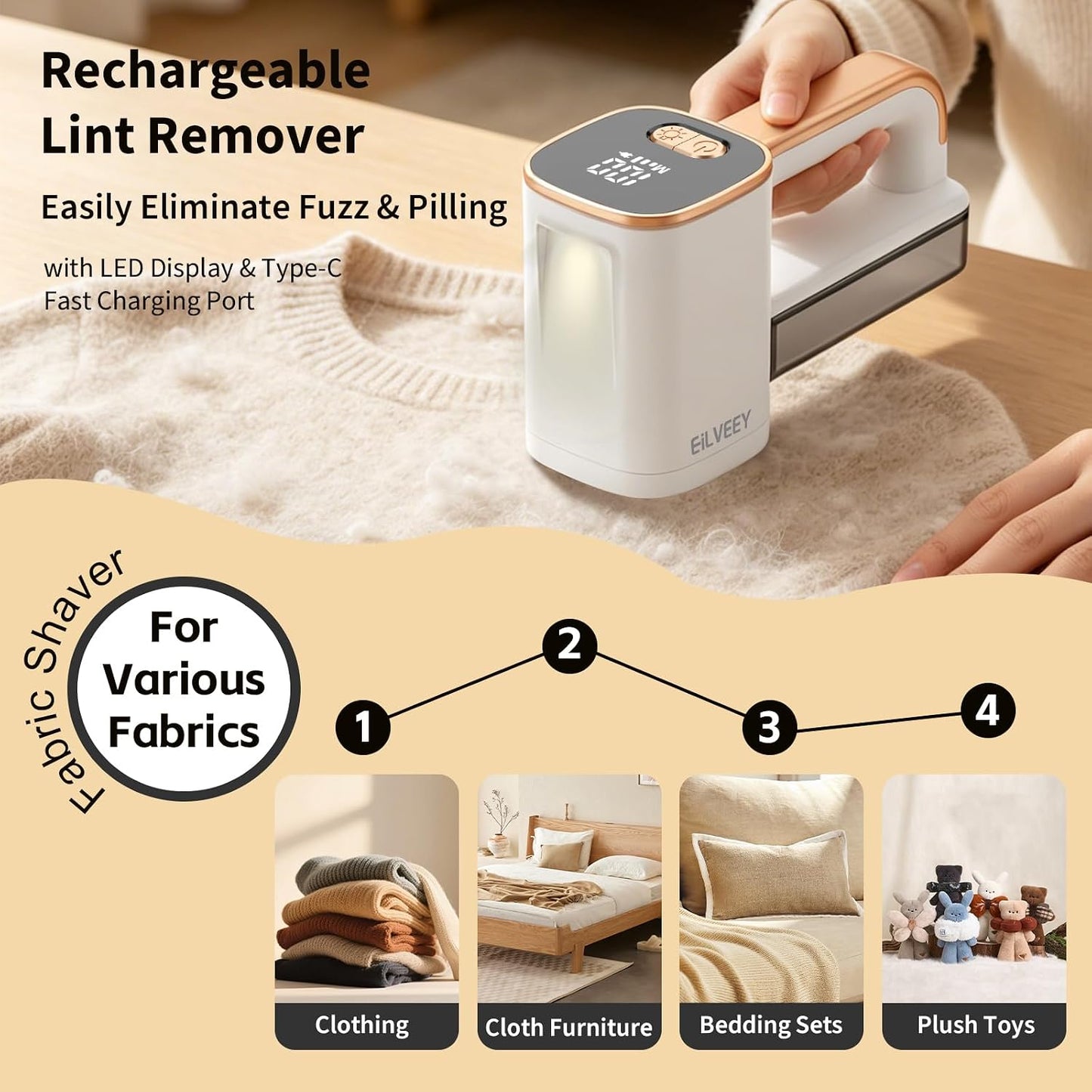 Eilveey Fabric Shaver for Clothing with 3 Replaceable Blades Working Light | Electric Lint Remover with 1800mAh Battery, 2-3H Long Runtime, 3-Speed LED Display, Stainless Steel Safety Guard