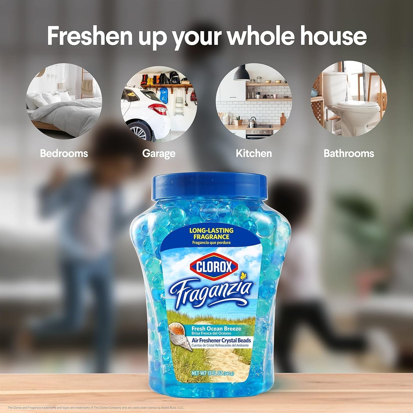 Clorox Fraganzia Crystal Beads Air Freshener, Long Lasting Room Deodorizer and Odor Eliminator Gel Beads to Freshen Home, Car, or Office, Fresh Ocean Breeze Scent, 12 Fl Oz - 2 Pack
