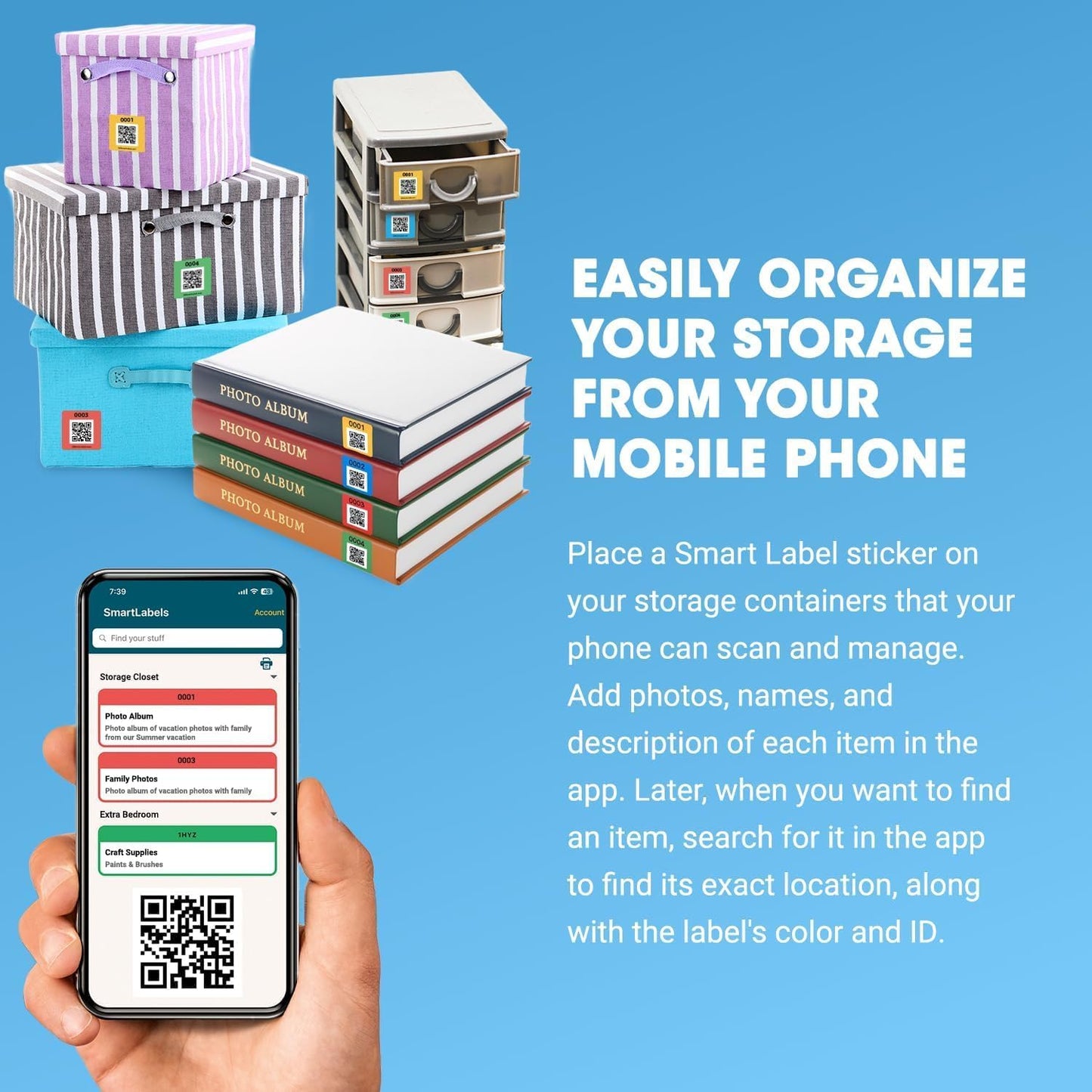 Smart Labels QR Code Stickers with AI Photo Analysis App - Auto-Creates Item Descriptions - No Typing - Made in USA - QR Code Labels for Storage & Inventory Tracking, Organization & Moving, Pack of 48
