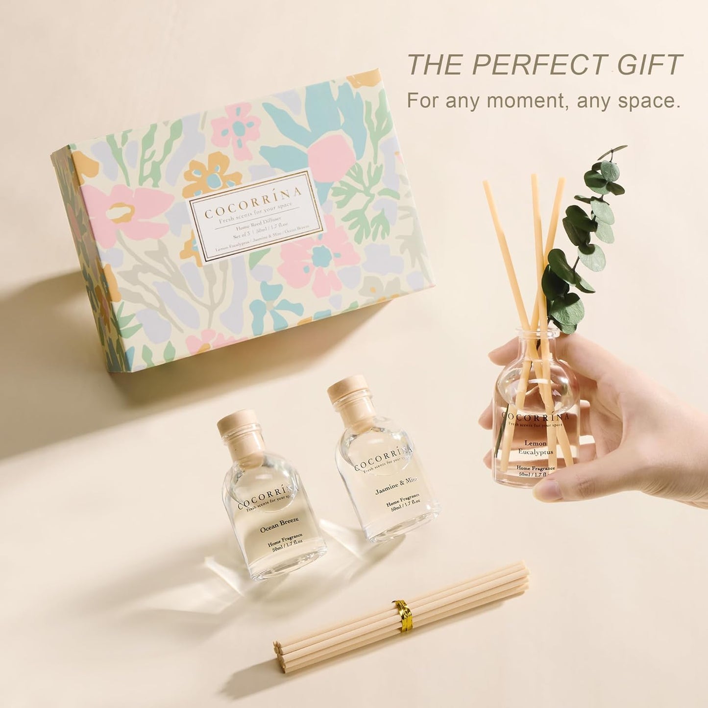 COCORRÍNA Eucalyptus Reed Diffuser Set of 3 - Eucalyptus & Moss, Clean Linen, Ocean Mist Scents, 1.7 fl oz Each, Total 5.1 oz, Scented Oil Diffusers for Home & Office