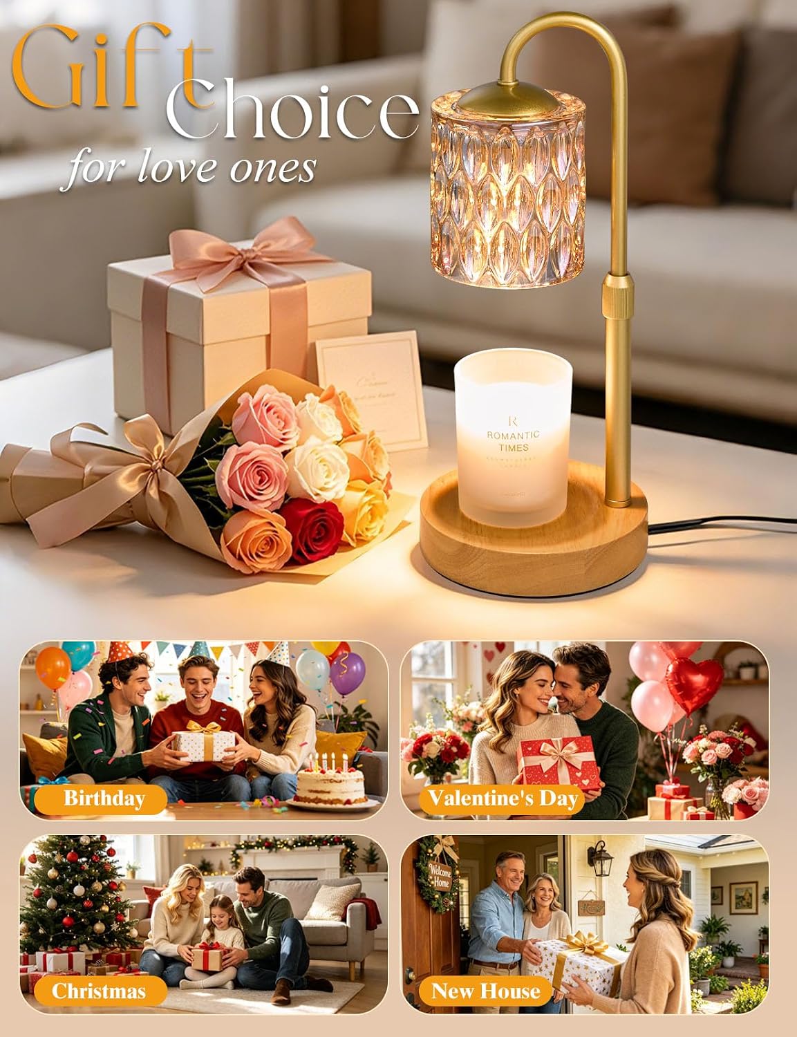 Briever Dimmable Candle Warmer Lamp with Timer, Height Adjustable Electric Candle Wax Warmer, Christmas Birthday Gifts for Women Mom, House Warming Gifts New Home Room Decor, Walnut Solid Wood Base