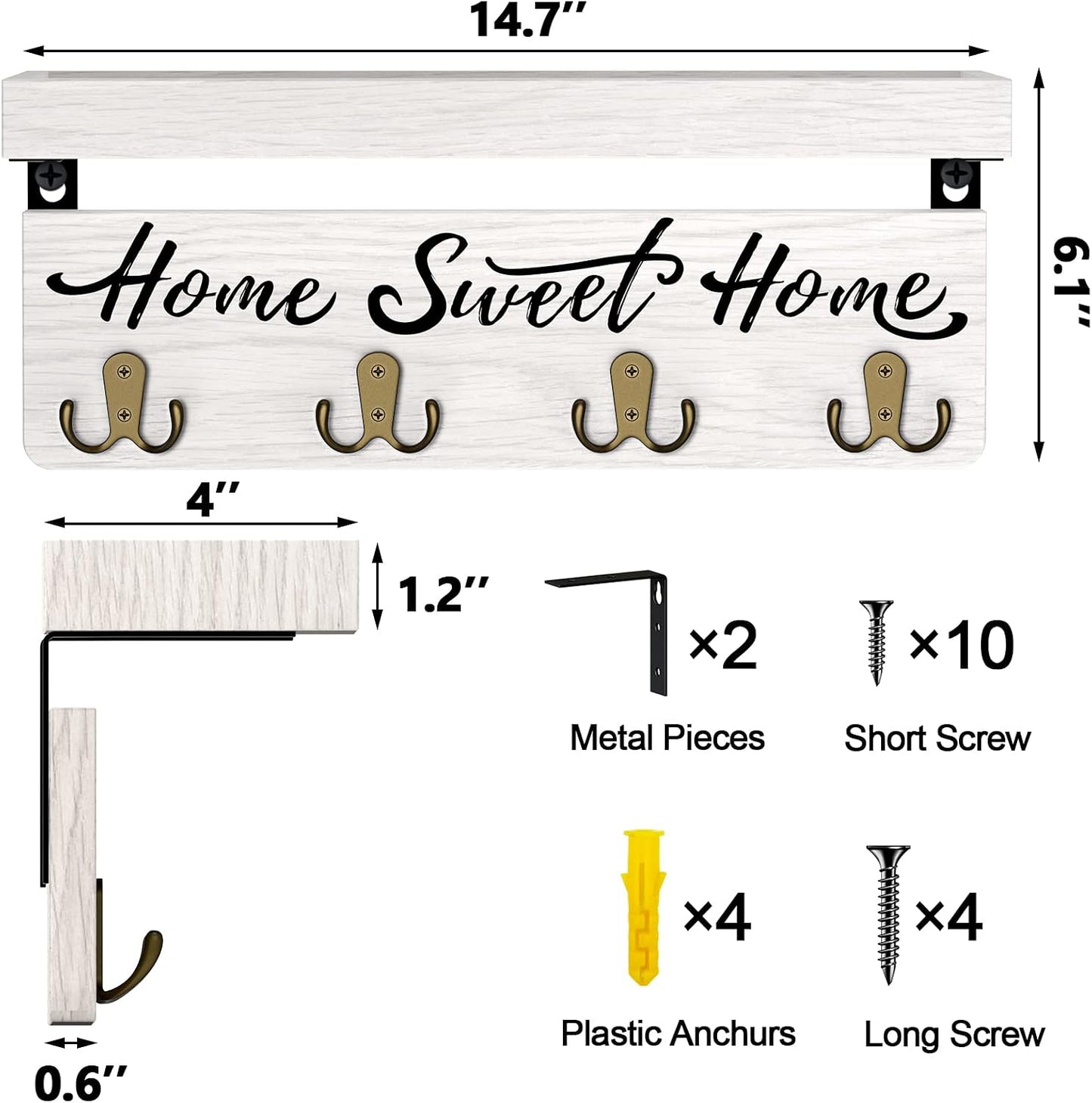 buways Key Holder Wall Mount with 4 Double Hooks-Solid Wood Wall-Mounted Organizer for Keys&Mail Rustic Key Rack Hanger Holder Home Decor for Entryway Living Room (Gray)