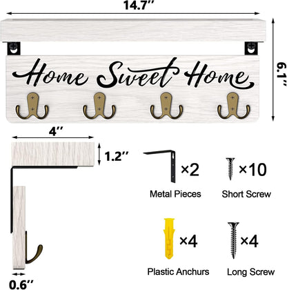 buways Key Holder Wall Mount with 4 Double Hooks-Solid Wood Wall-Mounted Organizer for Keys&Mail Rustic Key Rack Hanger Holder Home Decor for Entryway Living Room (Gray)