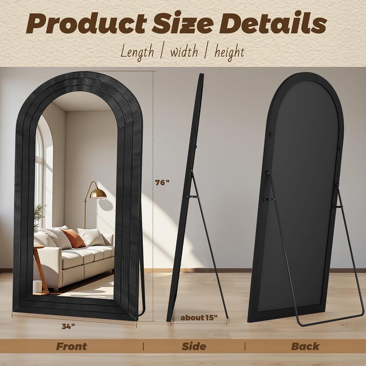 Antok Full Length Mirror with Solid Wood Frame, 71"×32" Wall Mounted Oversized Floor Mirror with Stand, Leaning Standing Hanging for Bedroom Living Room Entryway, Walnut, Arched Syle