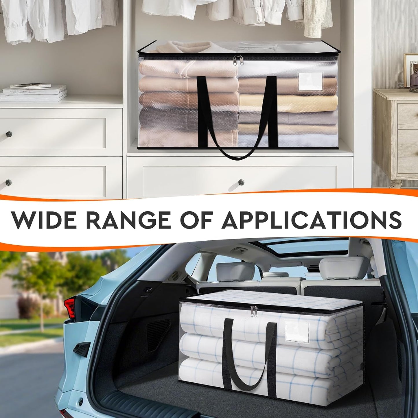 HomeHacks Clear Moving Bags Heavy Duty 4 Pack, Storage Bags with Zipper, Extra Reinforced Handles & Waterproof Packing Boxes for Moving, Camping, Home Organization 93L/24Gal (28.7"x14.2"x14")