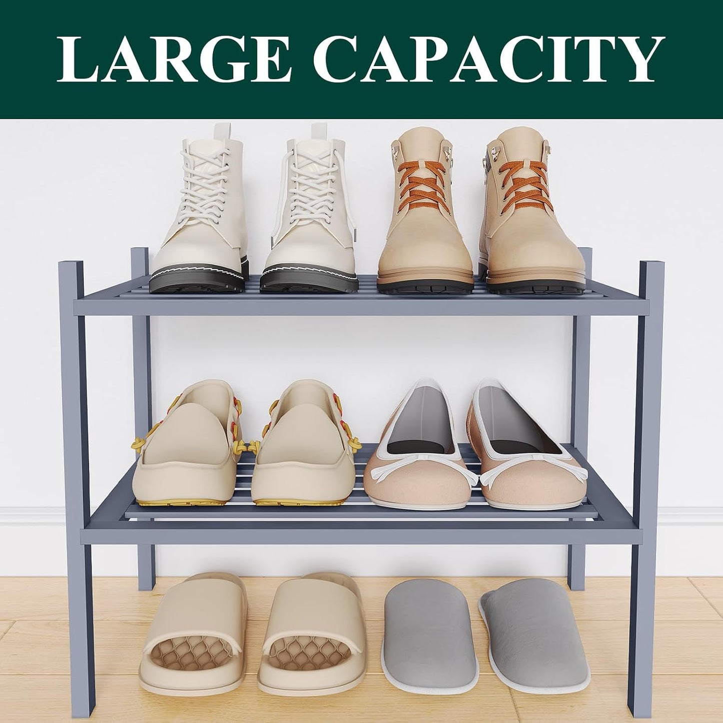 Smiry Bamboo Shoe Rack, 3 Tier Free Standing Wooden Shoe Organizer, Stackable Wood Shoe Storage Shelf for Closet, Entryway, 5 Horizontal Slats, 26.8"x11"x18.3", Natural