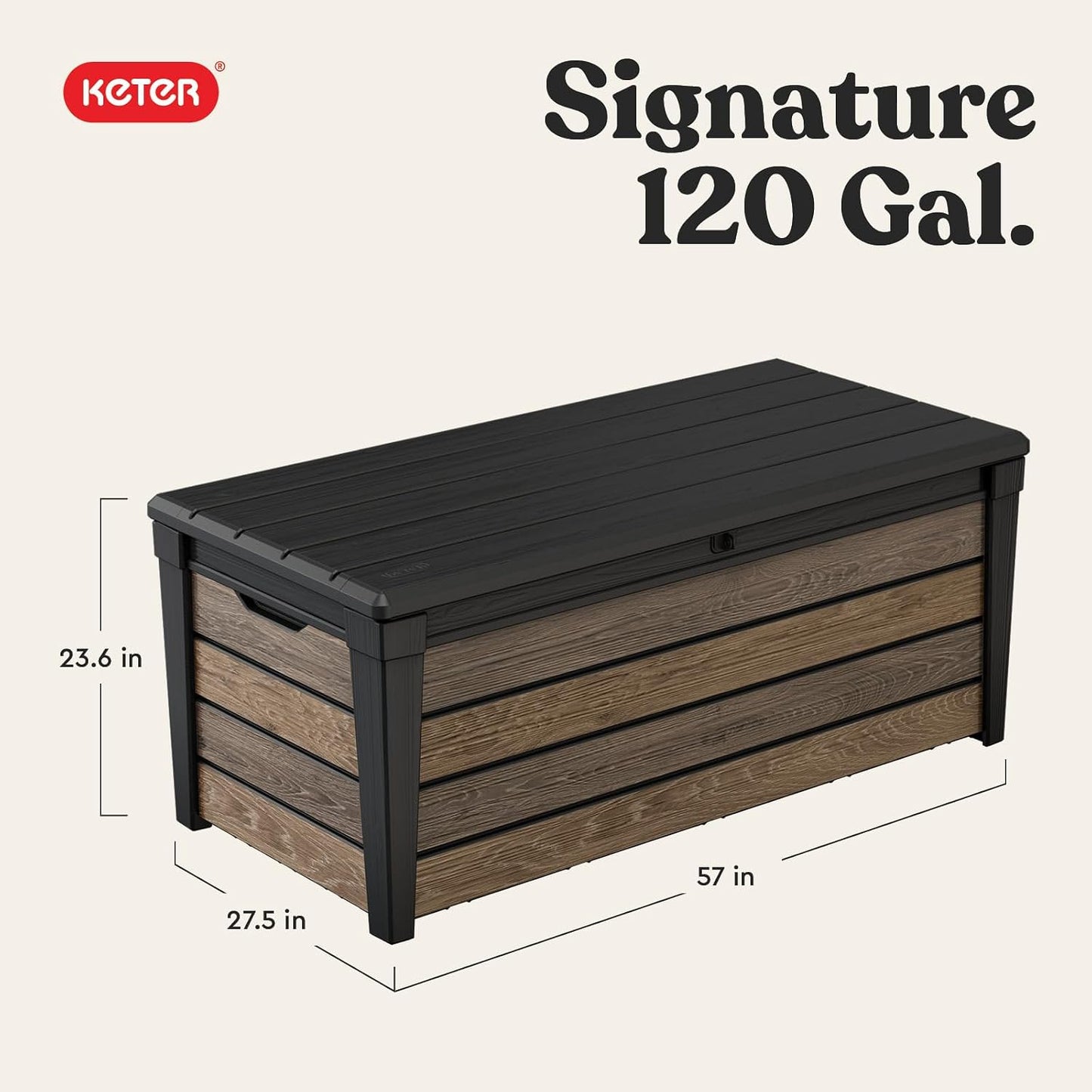 Keter Signature Everwood 30 Gallon Resin Outdoor Storage Box and Patio Furniture Side Table for Pool and Garden Accessories, Walnut