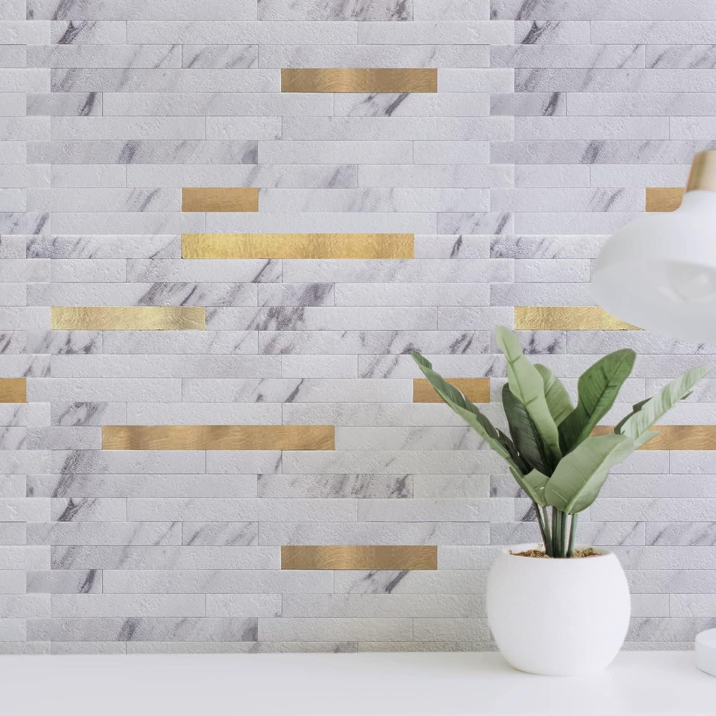 Art3d 10-Sheet Peel and Stick Backsplash Tile for Kitchen Bathroom Fireplace Laundry Room in White Slate with Gold Studded